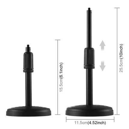 PULUZ Ring Light for Everyday Home Video Lighting Sessions compact adjustable desk stand showing 15.5cm to 25.5cm heights and 11.5cm base