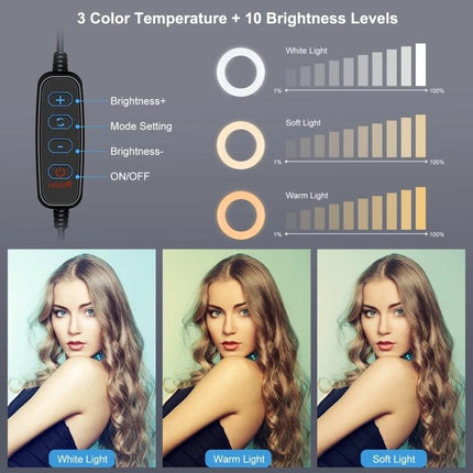 PULUZ Ring Light for Everyday Home Video Lighting Sessions showing 3 color temperatures and 10 brightness levels with controller and sample portraits