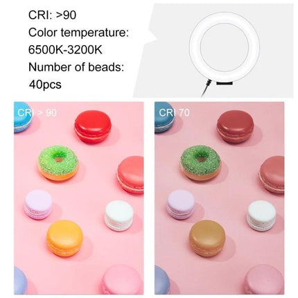 PULUZ Ring Light for Everyday Home Video Lighting Sessions showing CRI>90 vs CRI70 color rendering on pink macaron scene, 6500K-3200K, 40 beads