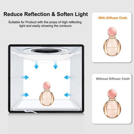 PULUZ 25cm Folding Portable Photography Tent Box for Small Items showing perfume bottle with diffuser cloth reducing reflections and softening light