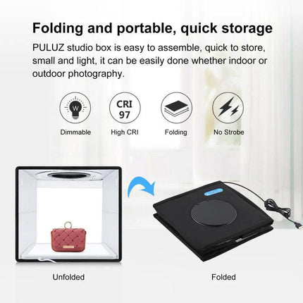 PULUZ 25cm Folding Portable Photography Tent Box for Small Items showing unfolded studio box with lighting and folded compact storage