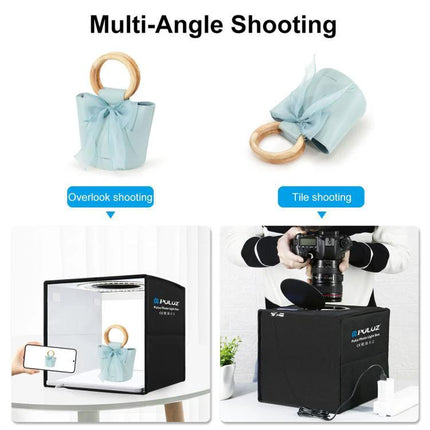 PULUZ 25cm Folding Portable Photography Tent Box for Small Items showing multi-angle shooting with jewelry and camera setup