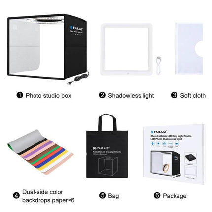 PULUZ 25cm Folding Portable Photography Tent Box for Small Items with LED light, backdrops, bag and accessories for jewelry and gadget photos