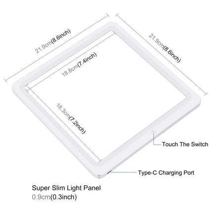 PULUZ 25cm Folding Portable Photography Tent Box for Small Items – slim LED light panel with Type-C port and touch switch, dimensions labeled
