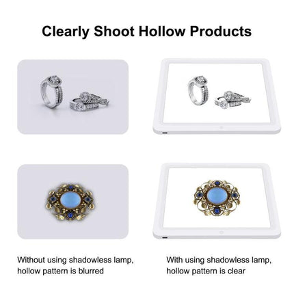 PULUZ 25cm Folding Portable Photography Tent Box for Small Items showing jewelry shots with and without shadowless lamp