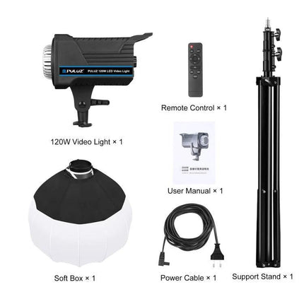 PULUZ Studio Video Light Kit for Photography Sessions - 120W LED light, softbox, stand, remote and power cable for studio and e-commerce shoots