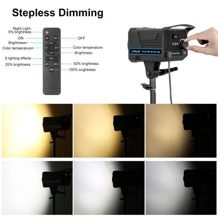 PULUZ Studio Video Light Kit for Photography Sessions showing stepless dimming, remote, and six color temperature/brightness examples