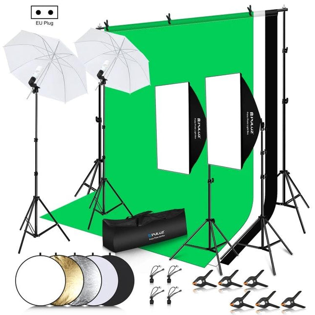 PULUZ LED Softbox Kit for Studio Photography with Adjustable Stand full studio lighting setup with green screen umbrella softboxes and reflectors