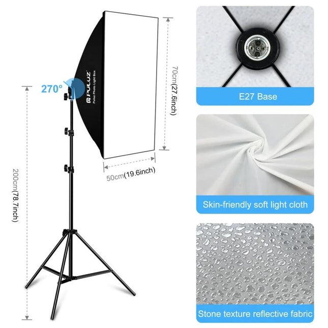 PULUZ LED Softbox Kit for Studio Photography with Adjustable Stand showing softbox, stand, E27 base, soft light cloth and reflective fabric