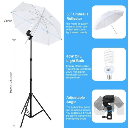 PULUZ LED Softbox Kit for Studio Photography with Adjustable Stand showing umbrella reflector, tripod stand, and 45W CFL bulb