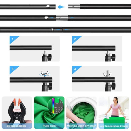 PULUZ LED Softbox Kit for Studio Photography with Adjustable Stand showing assembly steps, clamps, green screen and fabric care icons