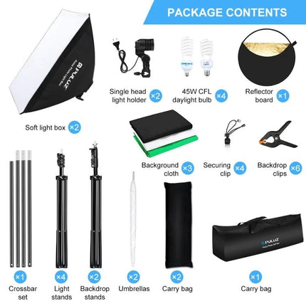 PULUZ LED Softbox Kit for Studio Photography with Adjustable Stand showing softboxes, stands, bulbs, reflector, backgrounds and carry bag
