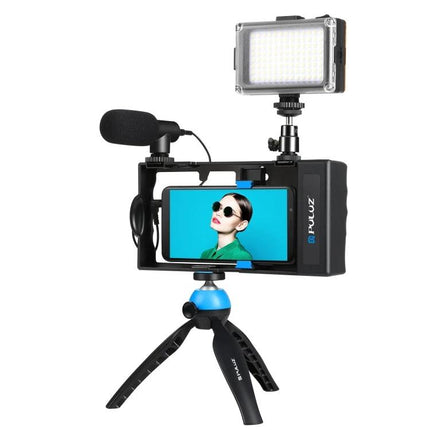 PULUZ Bluetooth Handheld Vlogging Kit with LED Light and Microphone mounted with phone, shotgun mic, LED panel and mini tripod for mobile vlogging
