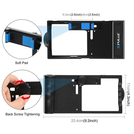 PULUZ Bluetooth Handheld Vlogging Kit with LED Light and Microphone shown adjustable phone holder with soft pads and back screw tightening