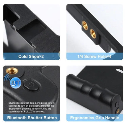 PULUZ Bluetooth Handheld Vlogging Kit with LED Light and Microphone showing cold shoe mounts, 1/4 screw holes, Bluetooth shutter button and ergonomic grip