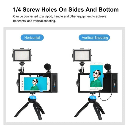 PULUZ Bluetooth Handheld Vlogging Kit with LED Light and Microphone shown mounted on mini tripod with LED light and microphone for horizontal and vertical shooting