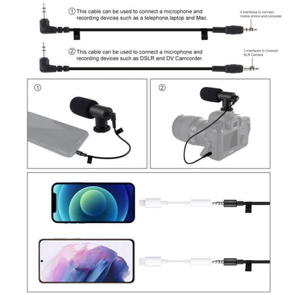 PULUZ Bluetooth Handheld Vlogging Kit with LED Light and Microphone showing microphone cables and connections to smartphone and DSLR