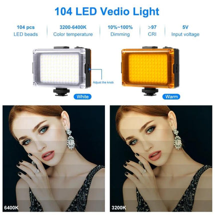 PULUZ Bluetooth Handheld Vlogging Kit with LED Light and Microphone showing white and warm 104-LED panel with 6400K and 3200K comparison