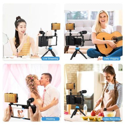 PULUZ Bluetooth Handheld Vlogging Kit with LED Light and Microphone shown with tripod, LED, mic for live streaming, vlogging, wedding and video recording