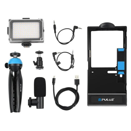 PULUZ Bluetooth Handheld Vlogging Kit with LED Light and Microphone showing LED panel, microphone, mini tripod, cables and smartphone rig
