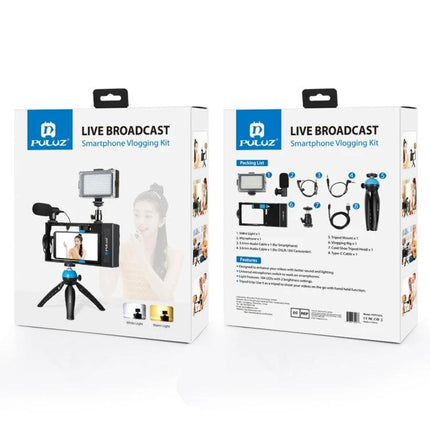PULUZ Bluetooth Handheld Vlogging Kit with LED Light and Microphone displayed in packaging showing LED light, microphone, mini tripod and phone rig