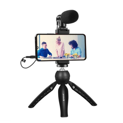 Essential PULUZ Kit for Everyday Smartphone Vlogging Sessions with tripod mount, phone clamp and external microphone capturing clear vlogs