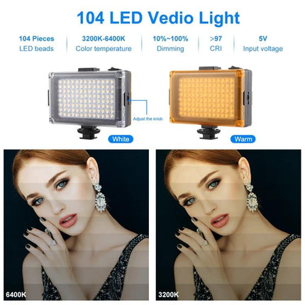 PULUZ Kit for Everyday Smartphone Video Shooting and Travel LED fill light showing 104 LEDs white and warm 3200K-6400K with tripod mount