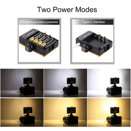 PULUZ Kit for Everyday Smartphone Video Shooting and Travel tripod mount with fill light showing Type-C and battery power modes and lighting variations