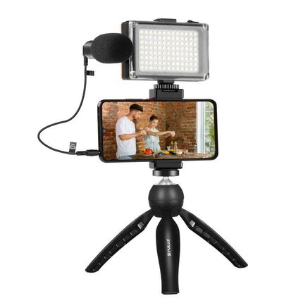 PULUZ Everyday Vlogging Kit with Essential Mobile Accessories mounted on mini tripod with phone, LED fill light and external microphone for mobile video