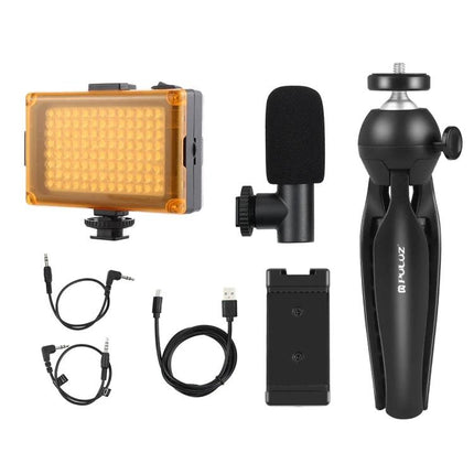 PULUZ Everyday Vlogging Kit with Essential Mobile Accessories showing fill light, microphone, tripod, phone clamp and cables