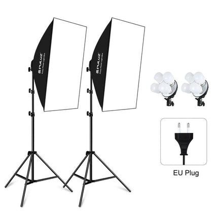 PULUZ 50x70cm Softbox Lighting Kit for Photography Studios with dual softboxes, adjustable tripods and LED bulb holders for studio portrait and product lighting