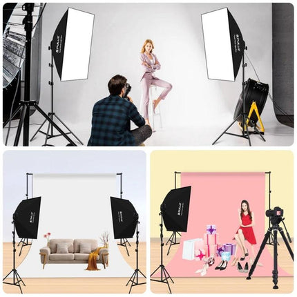 PULUZ 50x70cm Softbox Lighting Kit for Photography Studios with adjustable tripods and LED bulbs set up for portrait and product shoots