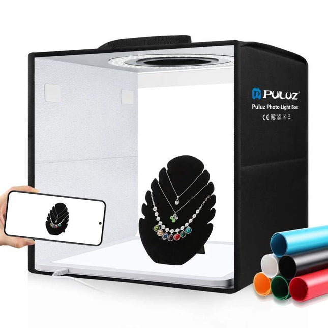 PULUZ 30cm Folding Ring Light for Small Product Photography shown in a portable photo light box shooting jewelry