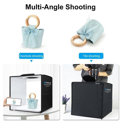PULUZ 30cm Folding Ring Light for Small Product Photography showing multi-angle shooting with a compact foldable light box