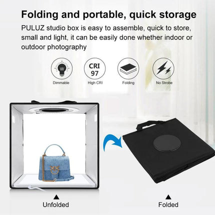 PULUZ 30cm Folding Ring Light for Small Product Photography shown with unfolded studio box and folded carrying case