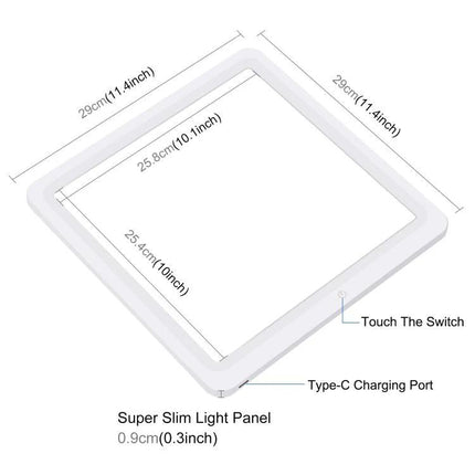 PULUZ 30cm Folding Ring Light for Small Product Photography shown as super slim square light panel with Type-C port and touch switch