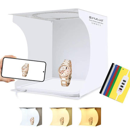 PULUZ 30cm Folding Light Box for Small Product Photography showing compact foldable studio with watch, color backdrops and smartphone shooting