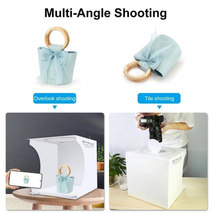PULUZ 30cm Folding Light Box for Small Product Photography showing multi-angle shooting with handbag on white background