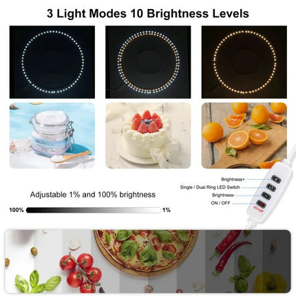 PULUZ 30cm Folding Light Box for Small Product Photography shows 3 light modes, 10 brightness levels, adjustable ring LED for tabletop product shots