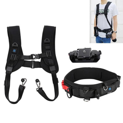 PULUZ Versatile Camera Strap Kit with Waistband and Shoulder Options shown with padded waistband, shoulder harness, and quick-release camera clip for travel