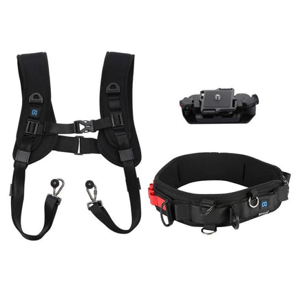 PULUZ Versatile Camera Strap Kit with Waistband and Shoulder Options shown with waistband, shoulder harness and camera clip for travel and hiking