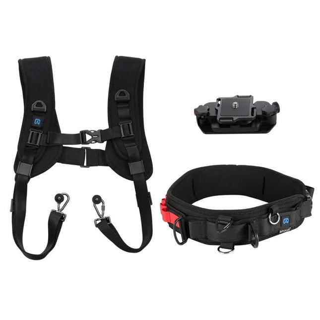 PULUZ Versatile Camera Strap Kit with Waistband and Shoulder Options shown with waistband, shoulder harness and camera clip for travel and hiking