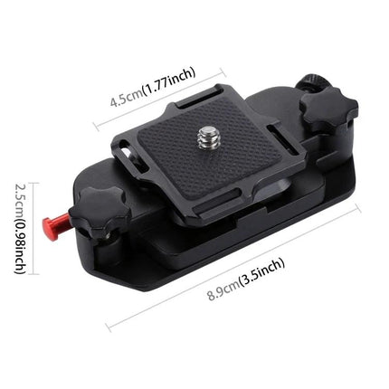 PULUZ Versatile Camera Strap Kit with Waistband and Shoulder Options camera clip and quick release plate showing dimensions