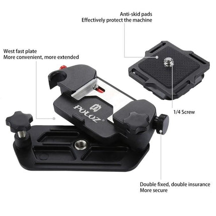 PULUZ Versatile Camera Strap Kit with Waistband and Shoulder Options showing camera clip, waist and shoulder strap connectors and quick release plate