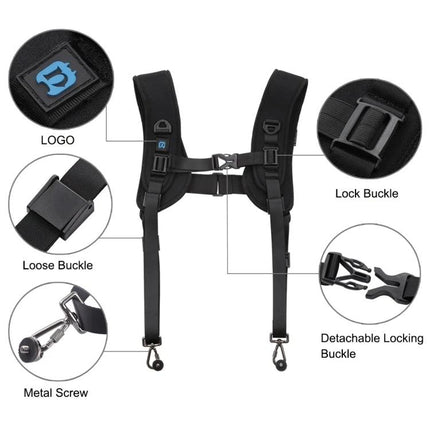 PULUZ Versatile Camera Strap Kit with Waistband and Shoulder Options shown with padded shoulder harness, detachable locking buckles, metal screw clips and waistband strap
