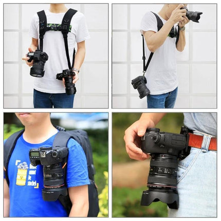 PULUZ Versatile Camera Strap Kit with Waistband and Shoulder Options shown on photographers using waistband and shoulder straps for DSLRs