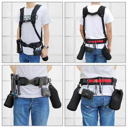 PULUZ Versatile Camera Strap Kit with Waistband and Shoulder Options shown on photographer wearing waistband and shoulder straps with camera clip