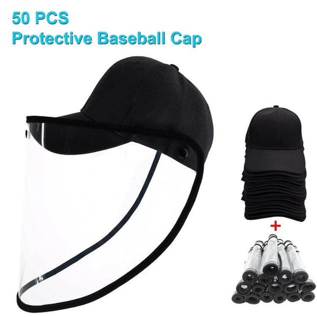 Baseball Cap Mask With Removable Face Shield For Everyday Use - black cotton cap with detachable clear TPU shield, wide-brim protection for commuting and outdoor activities