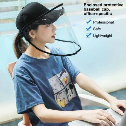 Baseball Cap Mask With Removable Face Shield For Everyday Use showing a black cotton cap with clear TPU shield, wide brim and side protection