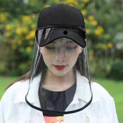 Baseball Cap Mask With Removable Face Shield For Everyday Use - Black cotton cap with clear TPU shield protecting face